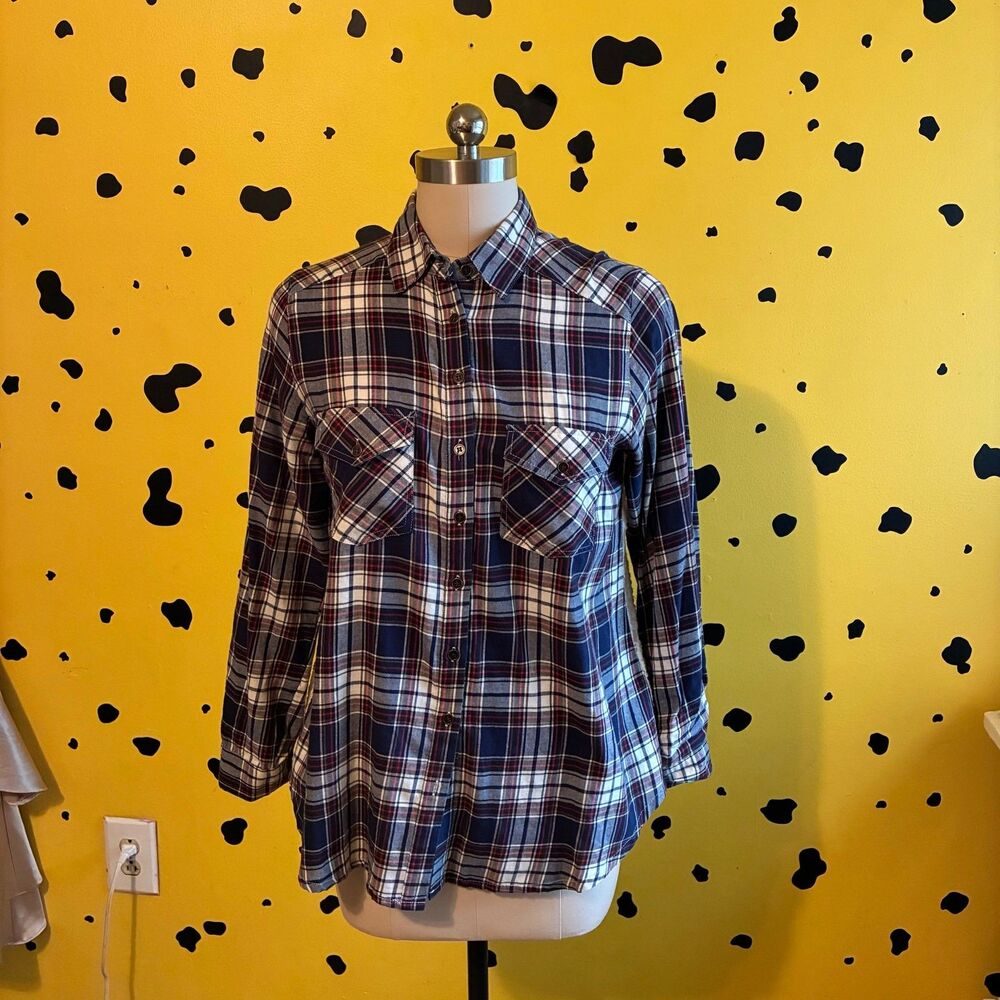 Taylor & Sage Plaid Lace Back Button Up Shirt Size L Feminine Preppy Long Sleeve